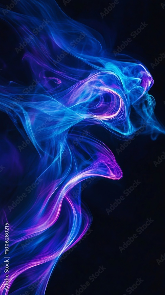 Abstract blue and purple smoke forming wavy shapes on black background Abstract blue and purple smoke forming wavy shapes on black background
