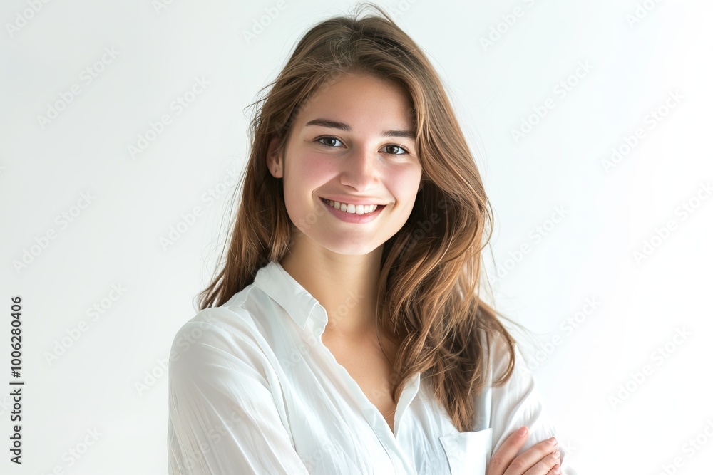 Portrait of a young woman with a radiant smile and arms crossed, white background , background blur Portrait of a young woman with a radiant smile and arms crossed, white background , background blur