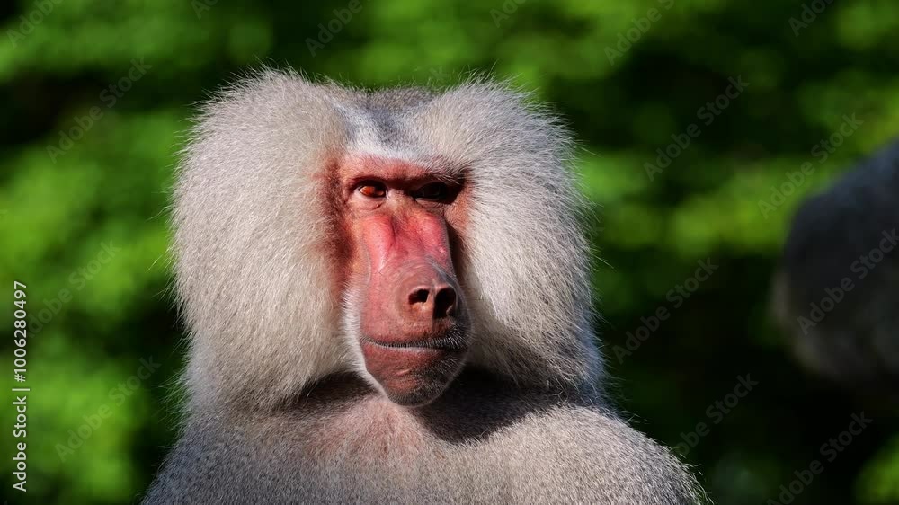 The hamadryas baboon sitting on a rock and looking around. Papio hamadryas is a species of baboon The hamadryas baboon sitting on a rock and looking around. Papio hamadryas is a species of baboon