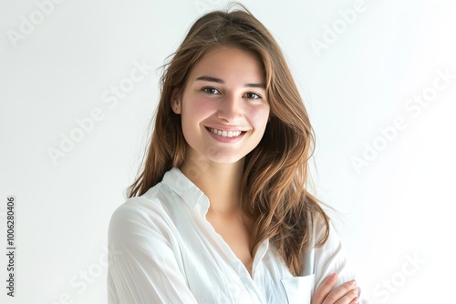 Portrait of a young woman with a radiant smile and arms crossed, white background , background blur