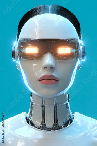 A bright, white robotic face featuring a futuristic glowing visor that highlights the mechanical aesthetic and modern design. photo