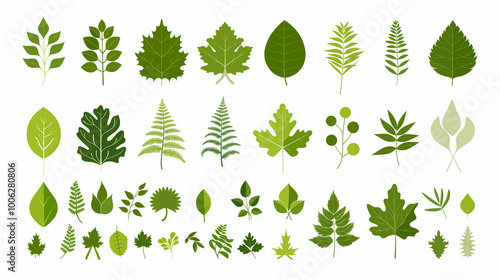 A variety of green leaf icons, each representing different types or shapes of leaves, are arranged in an aesthetically pleasing layout on a white background.  photo