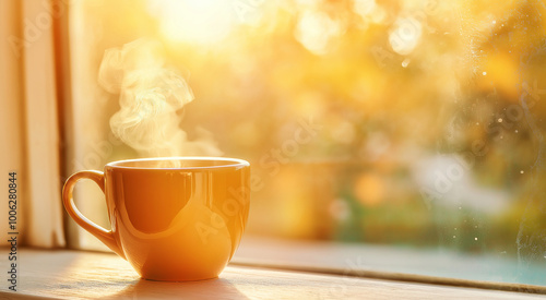 a steaming coffee cup placed on a windowsill with soft morning light