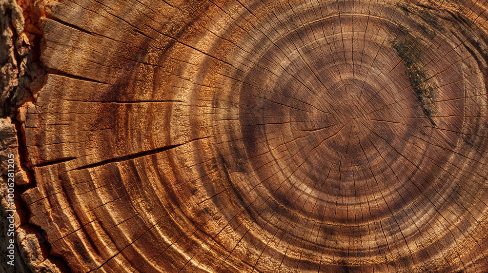 Naklejka premium Close-up of tree rings, showing age and growth patterns. The wood has visible cracks and textures, adding to the natural beauty of nature.