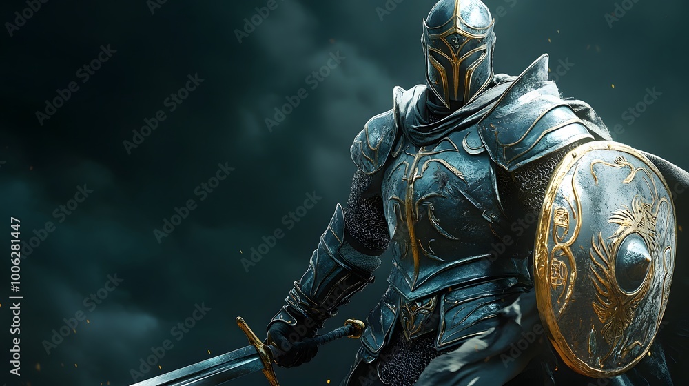 Game character figure wearing detailed armor holding a sword and shield Game character figure wearing detailed armor holding a sword and shield