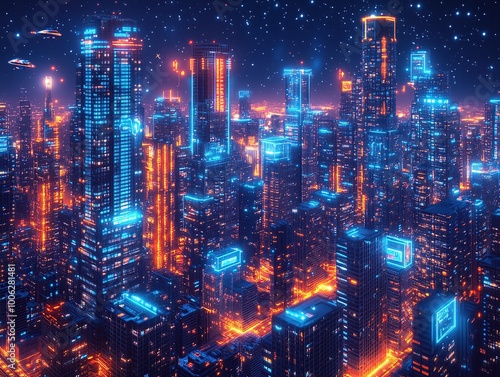 An isometric illustration of a sprawling futuristic city skyline at night.