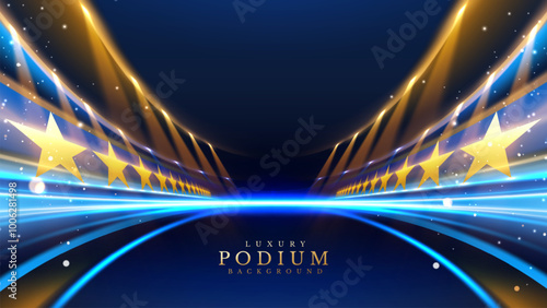 Luxurious blue stadium scene with golden stars, spotlights, and bokeh, perfect for majestic award ceremonies. Vector illustration.