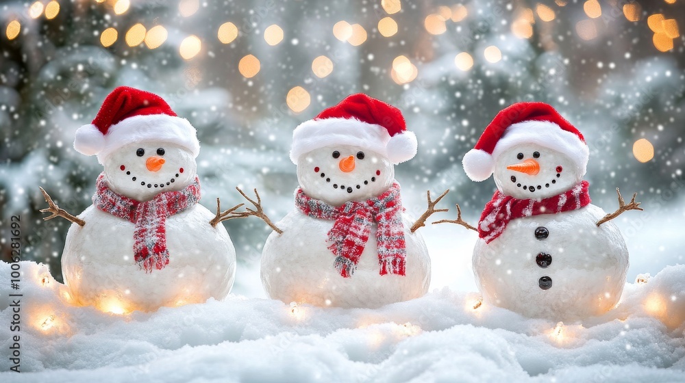 Three happy snowmen wearing santa hats enjoying winter wonderland Three happy snowmen wearing santa hats enjoying winter wonderland