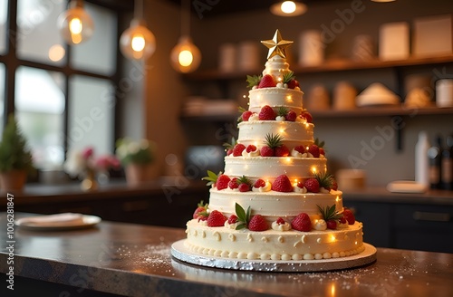 Christmas tree made from cakes decorated with strawberries, sweet tree