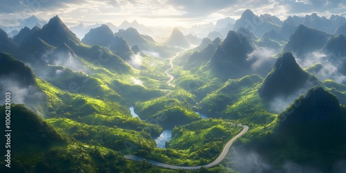 Winding mountain road seen from an aerial perspective, showcasing dramatic karst landscapes and lush green valleys, illuminated by golden hour light in a cinematic composition.