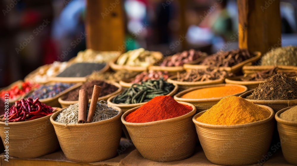 Fototapeta premium A collection of vibrant and aromatic spices are beautifully displayed in woven baskets, showcasing a rich tapestry of colors and textures.