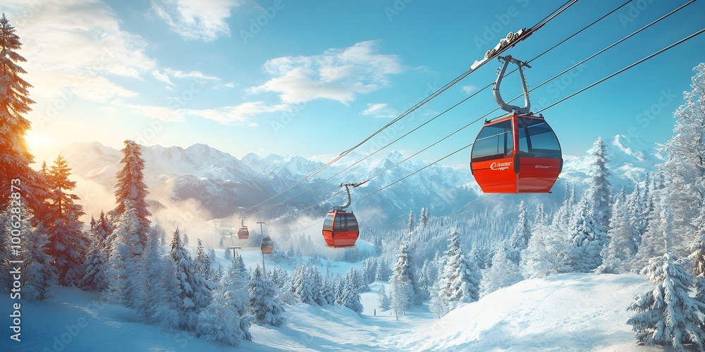 Winter ski resort scene featuring a cable car gondola against a snowy mountain backdrop, crisp blue sky, and sunlight reflection creating a scenic winter wonderland atmosphere. Winter ski resort scene featuring a cable car gondola against a snowy mountain backdrop, crisp blue sky, and sunlight reflection creating a scenic winter wonderland atmosphere.