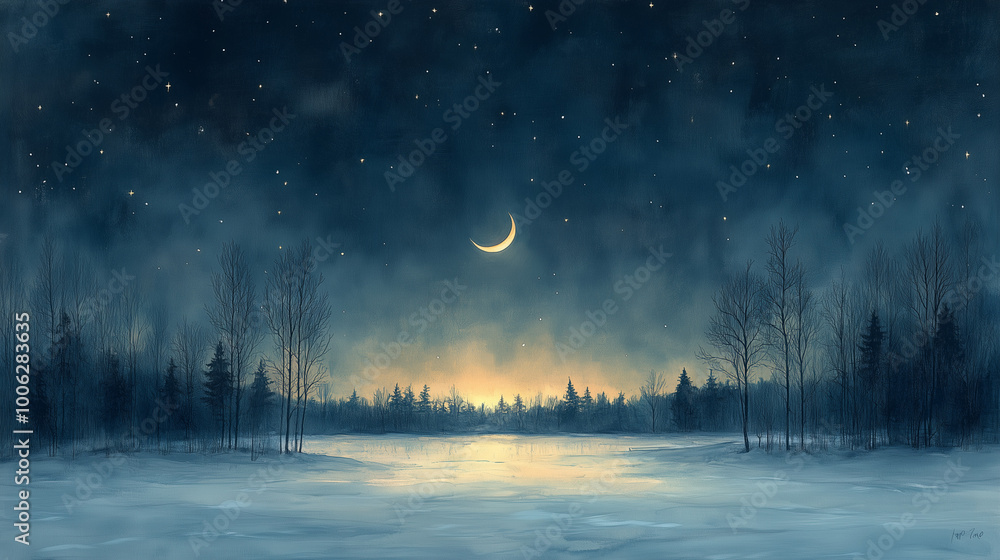 Winter night landscape with crescent moon and snowy field Winter night landscape with crescent moon and snowy field