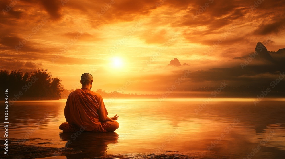 Monk meditating by the serene lake during a stunning sunset Monk meditating by the serene lake during a stunning sunset
