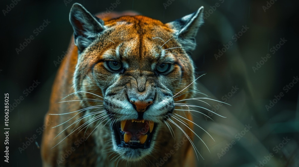 Beautiful big puma on dark background. Wildlife scene. Angry big cat. Angry lynx with open mouth. Beautiful big puma on dark background. Wildlife scene. Angry big cat. Angry lynx with open mouth.