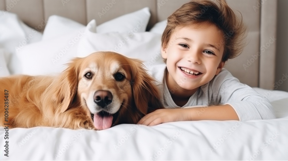A joyful child and his friendly dog lie together on a cozy bed, sharing a moment of happiness and companionship. A joyful child and his friendly dog lie together on a cozy bed, sharing a moment of happiness and companionship.