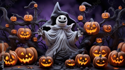 A whimsical ghost figure stands surrounded by glowing pumpkins in a spooky yet playful Halloween scene, perfect for capturing the fun and eerie holiday essence.