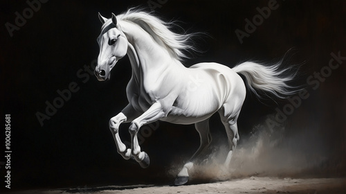 full photo of white arabian beautiful horse , sketch , realistic, excessive details , black background , hd