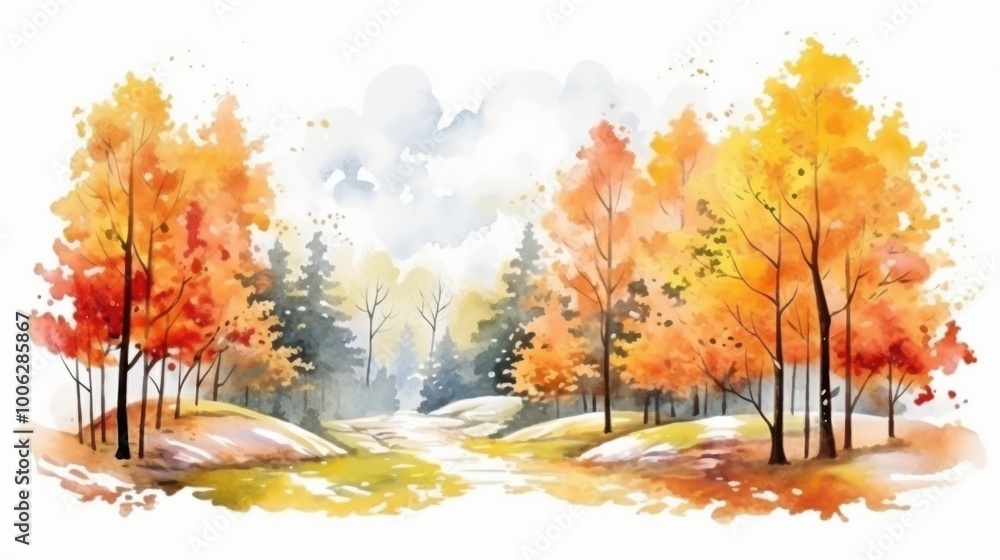 A vibrant watercolor illustration of an autumn landscape, showcasing colorful trees in orange, yellow, and red hues, with a soft, cloudy sky. A vibrant watercolor illustration of an autumn landscape, showcasing colorful trees in orange, yellow, and red hues, with a soft, cloudy sky.