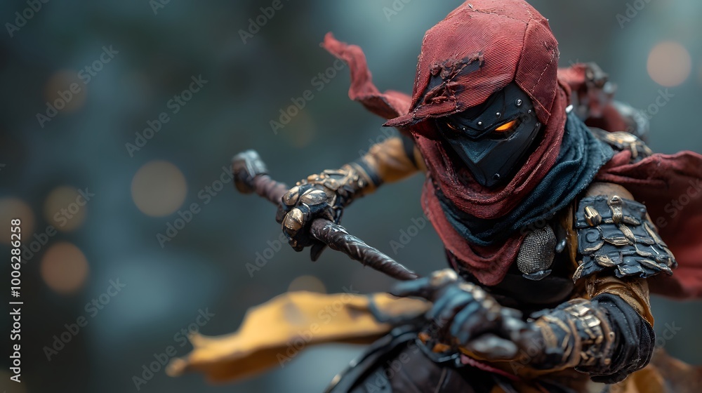 Fototapeta premium Poseable game character figure in dynamic pose with intricate accessories