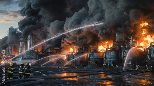 Industrial chemical tank engulfed in flames with thick black smoke, firefighters in protective gear battling the blaze at dusk, highlighting the urgency and danger of the situation.