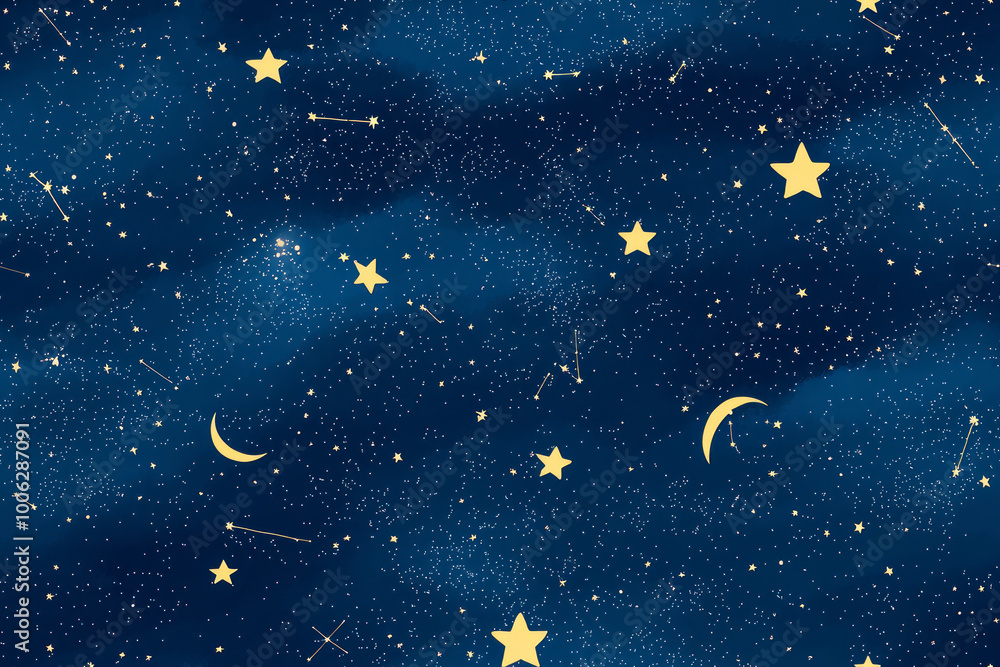 Fototapeta premium Sky blue background with stars, seamless boho pattern for tarot, astrology, zodiac signs.