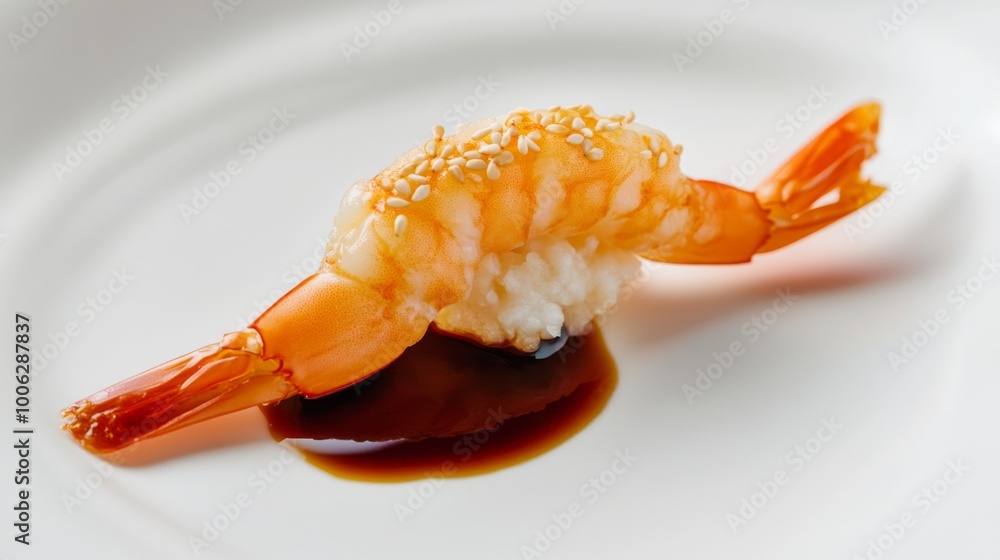 A single tempura shrimp placed delicately on a white dish, with a light drizzle of soy sauce and a sprinkle of sesame seeds, emphasizing its golden color and crunchy texture. A single tempura shrimp placed delicately on a white dish, with a light drizzle of soy sauce and a sprinkle of sesame seeds, emphasizing its golden color and crunchy texture.
