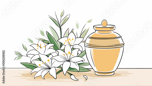 Funeral ash urn with white lilies bouquet vector illustration on a lightn background	