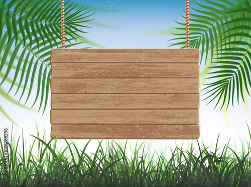 Wooden board banner or signboard hanging on ropes. Against the background of trees and grass. Stock vector illustration.