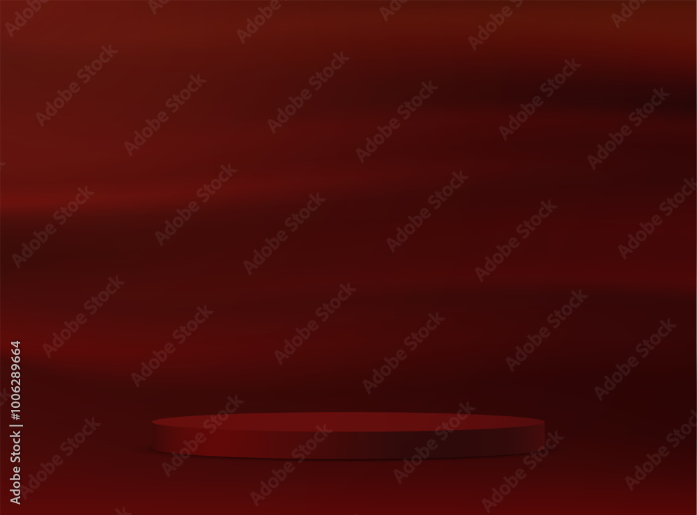 Obraz premium Red background vector 3d with podium. Dark red satin smooth fabric background. Space for selling products on the website. Vector illustration.