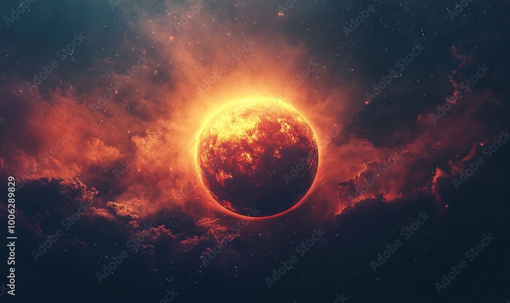 A planet with an atmosphere, light rays from the sun in space A planet with an atmosphere, light rays from the sun in space