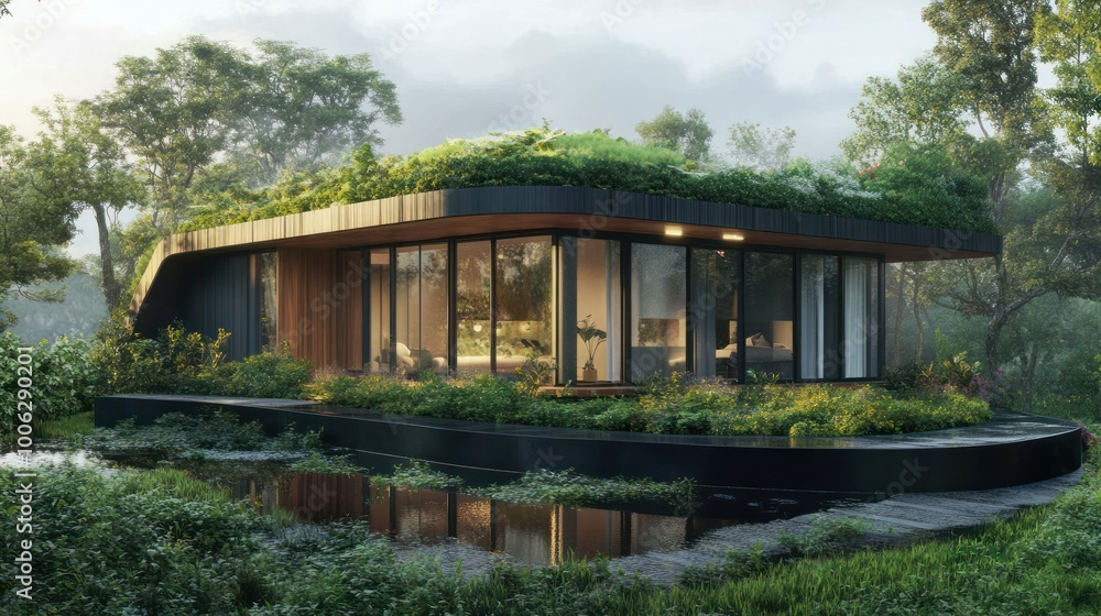 Urban house equipped with a green roof, smart technology illustrating how city dwellers are preparing their homes for future climate changes Urban house equipped with a green roof, smart technology illustrating how city dwellers are preparing their homes for future climate changes