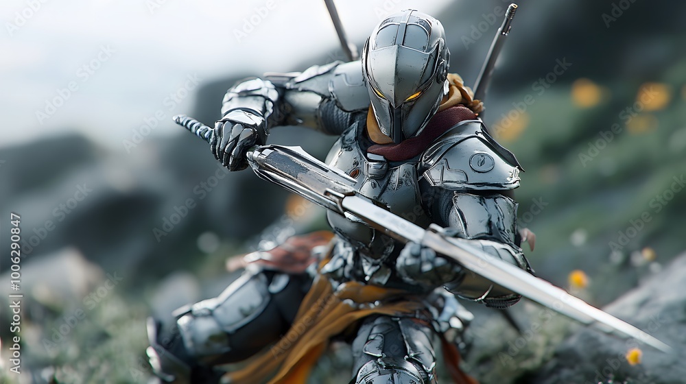 Game figure with removable weapons and detailed armor in action pose Game figure with removable weapons and detailed armor in action pose