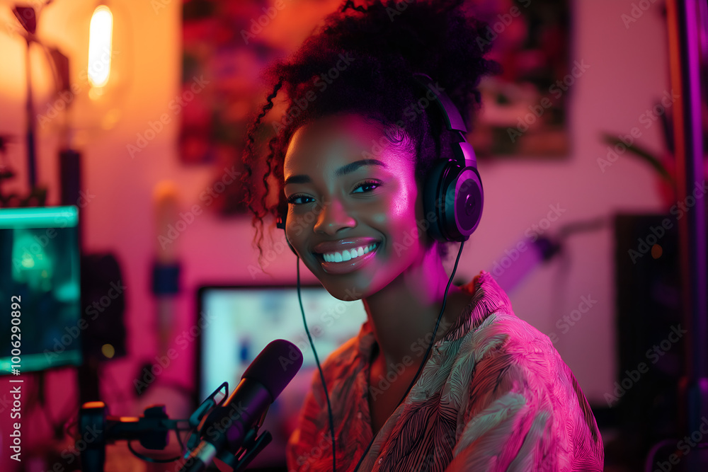 African American woman hosting a podcast from her home studio, Female DJ, Sound Engineer, Audio Mixer, Radio Host African American woman hosting a podcast from her home studio, Female DJ, Sound Engineer, Audio Mixer, Radio Host