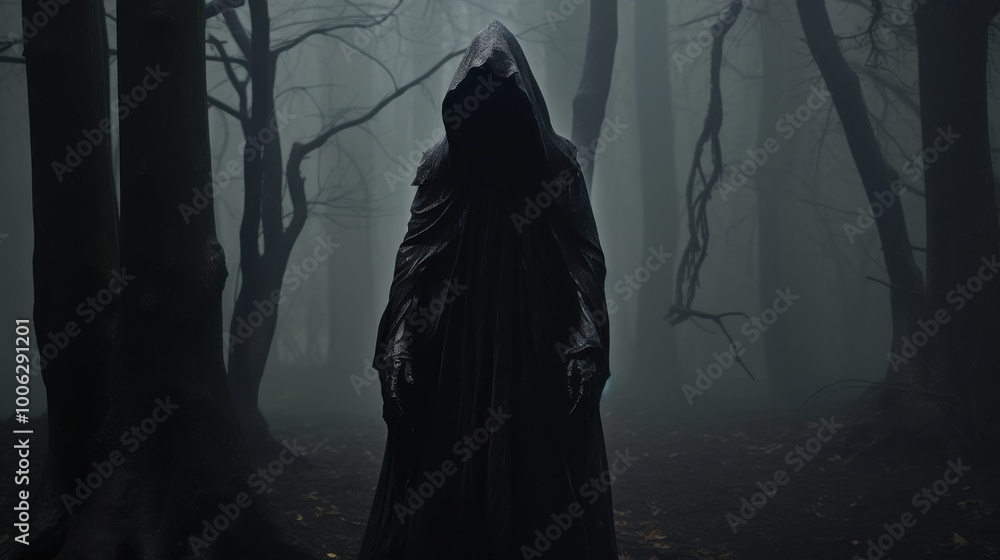 A cloaked figure in a dark hood stands menacingly in a foggy, haunted forest, exuding an eerie and mysterious atmosphere. A cloaked figure in a dark hood stands menacingly in a foggy, haunted forest, exuding an eerie and mysterious atmosphere.