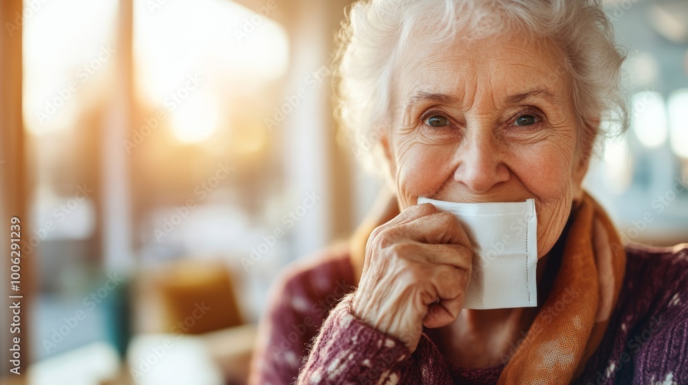 An elderly woman smiles gently while holding a blank face mask to her cheek, revealing distinct tan lines. The background softly blurs, enhancing her expression An elderly woman smiles gently while holding a blank face mask to her cheek, revealing distinct tan lines. The background softly blurs, enhancing her expression