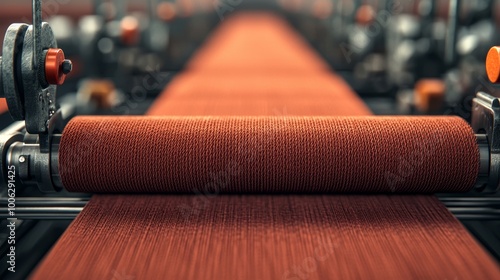 A textile weaving machine working with orange fabric in a modern production setting.