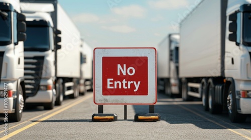 Several white trucks are stopped in front of a prominent 'No Entry' sign at a border crossing.