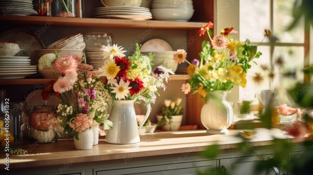 A vibrant bouquet of mixed flowers in a vase is the focal point on a wooden counter in a sunlit kitchen, exuding warmth and a touch of nature. A vibrant bouquet of mixed flowers in a vase is the focal point on a wooden counter in a sunlit kitchen, exuding warmth and a touch of nature.