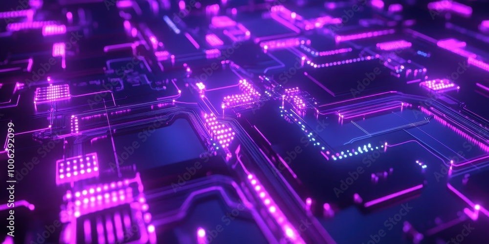 a computer circuit with purple lights a computer circuit with purple lights