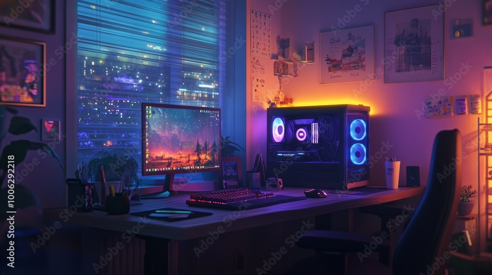 Colorful sRGB lights illuminating a gaming desk, with a dimly lit clear window casting a soft glow in the room. Colorful sRGB lights illuminating a gaming desk, with a dimly lit clear window casting a soft glow in the room.