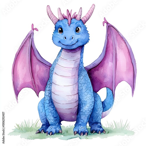 A cheerful blue dragon with pink wings, sitting on grass, perfect for children's illustrations and fantasy themes. photo