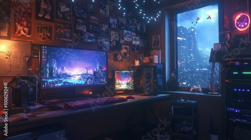 Wallpaper Mural Computer game table featuring multi-colored sRGB lights, with a dim clear window in the background, adding a cozy feel. Torontodigital.ca