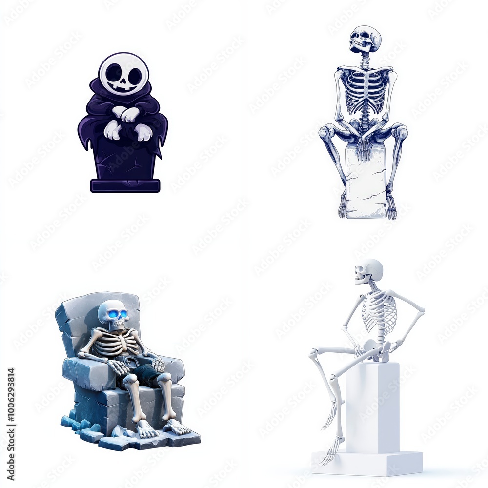 Fototapeta premium Skeleton sitting on a tombstone Halloween game icon on a white background