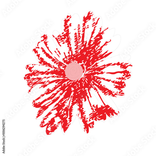 a red and white flower on a black background
a drawing of a red flower on a white background
The design shows a graphic representation of a red flower with numerous petals radiating outwards from a ce