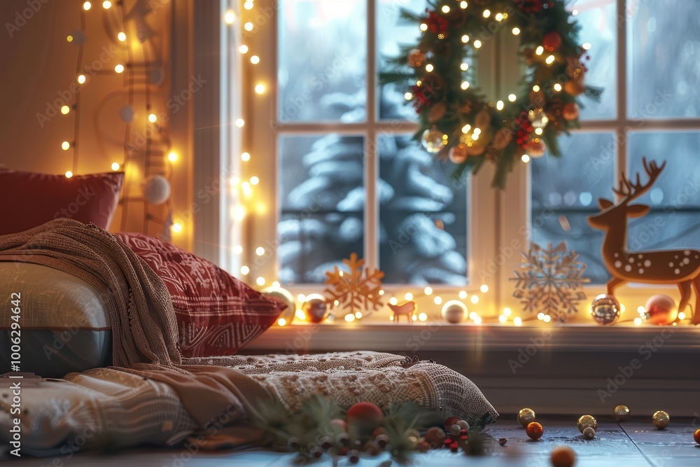The sitting corner next to the window was decorated with Christmas atmosphere The sitting corner next to the window was decorated with Christmas atmosphere