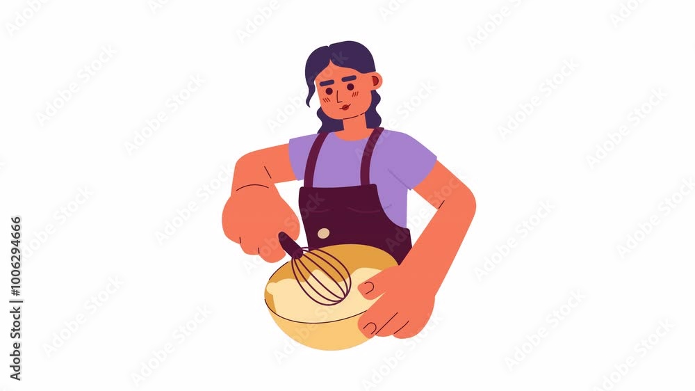 Hispanic woman whipping cream with whisk cartoon animation. Dough making process 4K video motion graphic. Female mixing substance in bowl animated 2D character isolated on white background Hispanic woman whipping cream with whisk cartoon animation. Dough making process 4K video motion graphic. Female mixing substance in bowl animated 2D character isolated on white background