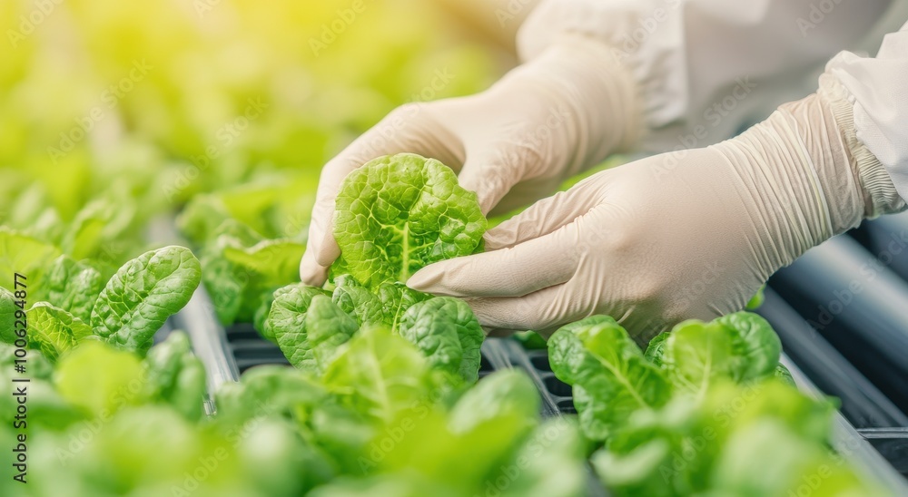A person in gloves carefully inspects and selects fresh lettuce in a green, well-maintained indoor farm setting.