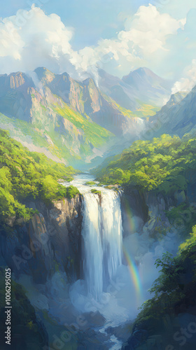 Majestic Waterfall Surrounded by Lush Landscapes