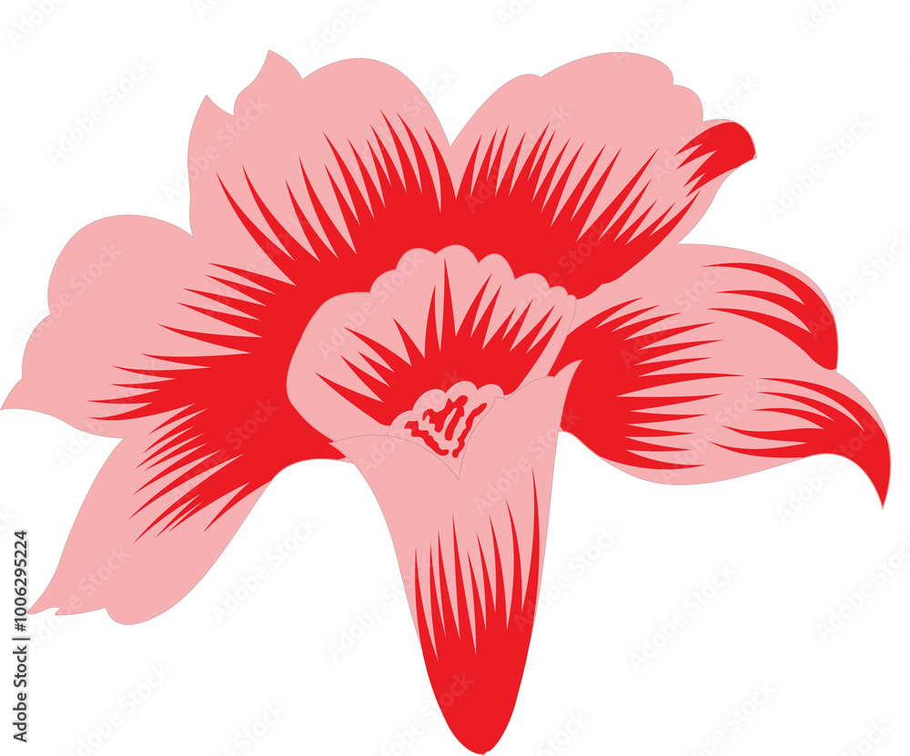 Obraz premium a red flower on a black background The design shows a stylized graphic of a red flower with five petals. Here are the details: • Petals: The flower has five petals with various shades of red, creating